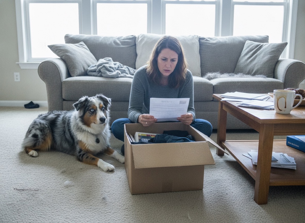 Woman packing boxes with Australian Shepherd on carpet